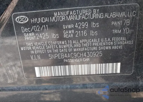 2012 Hyundai Sonata Gls z USA, uszkodzony, nr VIN 5NPEB4AC9CH430925